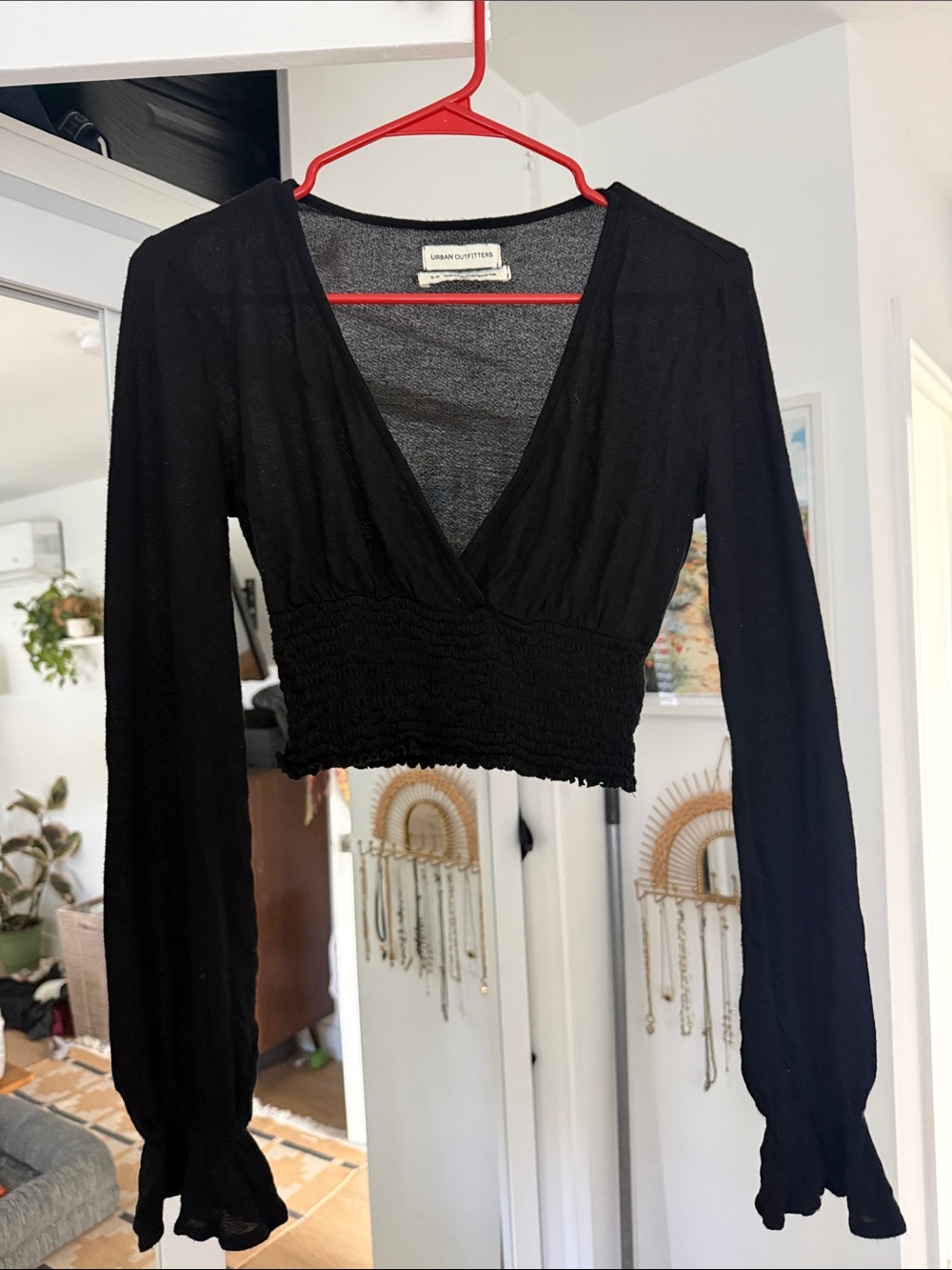 Urban Outfitters Black Smocked Deep V Crop Top